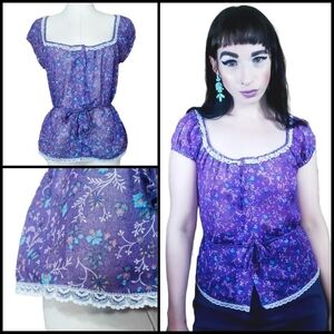 Vintage 1970s You Babes Puff Sleeve Floral Peplum Cottagecore Peasant Blouse